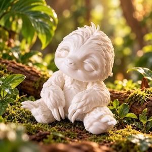 Pode incluir: Uma pequena figura esculpida em branco de uma preguiça com os olhos fechados e uma expressão serena. A preguiça é representada numa posição sentada com detalhes de pelo texturizado, garras longas nas mãos e pés, e uma cabeça arredondada.
