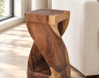 Twisted Solid Acacia Wood Side Table, Natural Glaze, Open Twist Accent Table (12"x12"x26") Twisted Wood Table
