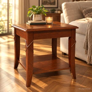 May include: A square wooden end table with a rich brown finish, featuring four curved legs with decorative X-shaped accents, a flat tabletop, and a lower shelf. A potted green plant and a glass candle holder sit on the tabletop surface.