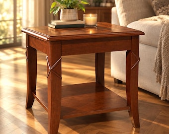 May include: A square wooden end table with a rich brown finish, featuring four curved legs with decorative X-shaped accents, a flat tabletop, and a lower shelf. A potted green plant and a glass candle holder sit on the tabletop surface.