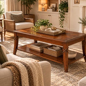 May include: A rectangular wooden coffee table with a rich brown finish, featuring a lower shelf for storage. The table has four sturdy legs with decorative metal cross-bracing details. A woven tray sits on top, holding a small potted plant and a bowl.