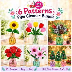 Pipe Cleaner Flower Patterns Bundle | pipecleaner Sunflower Rose Tulip Lily Christmas Tree | Chenille Stem Craft | pipe cleaner Flower