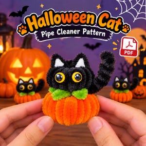 Pipecleaner Halloween Cat Pumpkin Pipe Cleaner Patterns Black Cat Chenille Stem Craft DIY Halloween Decoration Step-by-Step PDF Tutorial