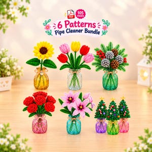 Pipe Cleaner Flower Patterns Bundle | pipecleaner flowers Rose Tulip Lily Christmas Tree | Chenille Stem Craft | pipe cleaner Flower