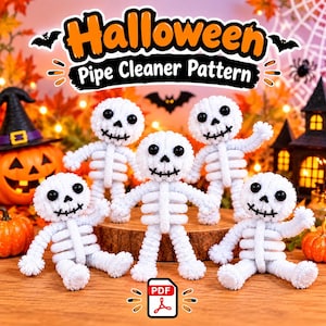 Op de afbeelding: Vijf witte skeletfiguren gemaakt van pijpenragers, elk met zwarte kraaloogjes en gestikte monden. De tekst "Halloween Pipe Cleaner Pattern" staat bovenaan, met een PDF-pictogram in het midden onderaan de afbeelding.