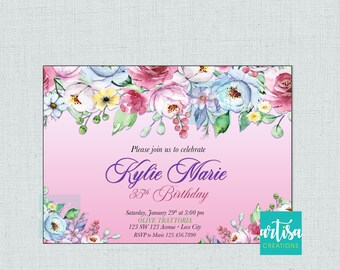 Invitación de cumpleaños de flores, invitaciones de flores de color, invitaciones de flores de acuarela