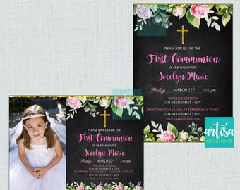 Girl First Communion Invitation, Flowers first communion invitation, pink first communion invitations, pink beautiful 1st communion