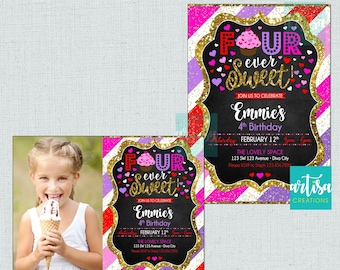 Vier Ever Sweet-Einladung, Valentinstag Vier süße Geburtstagseinladung, 4. Geburtstag süße Einladung, Herz vier Ever Sweet-Einladungen