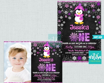 Penguin Birthday Invitation, Penguin invitations, Winter Birthday Invitations, Girl Penguin Birthday Invitations, Pink Penguin Birthday