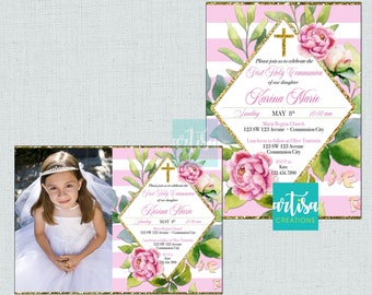 Girl First Communion Invitation, Flowers first communion invitation, pink first communion invitations, pink beautiful 1st communion