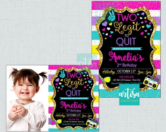 May include: A colourful birthday invitation with a photo frame for a 2nd birthday party. The invitation features a black background with the text "Two Legit to Quit" in pink, yellow, and blue. The invitation also includes a gold glitter background, hearts, and a boombox graphic. The text "Amelia's 2nd Birthday" is in pink and yellow. The invitation is for a party at "The Fun Spa" on 12th October from 1 pm to 6 pm. The address is 123 SW 123 Avenue, Diva City. The RSVP number is 123-456-7890.