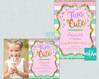 Two Cute Invitation, 2nd birthday invitation, Pastel Two Cute birthday girl invitation, cute 2nd birthday invitation, Two Cute Party Invite