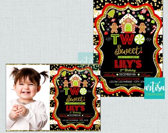 Christmas Two Sweet Invitation, Gingerbread 2nd birthday invitation, gingerbread Two Sweet birthday girl invitation, 2nd birthday invitation