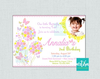 Butterfly Invitation,  Pastel Color Butterflies Birthday Invitation, Butterfly Birthday Invitation, Butterflies and Flowers, Spring Birthday