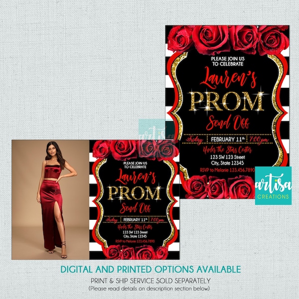Prom Send Off Invitation, Red and Gold Prom Send Off Invitation, Red roses Gold Prom Invites, Prom Send Off Invitation, red roses Gold Prom