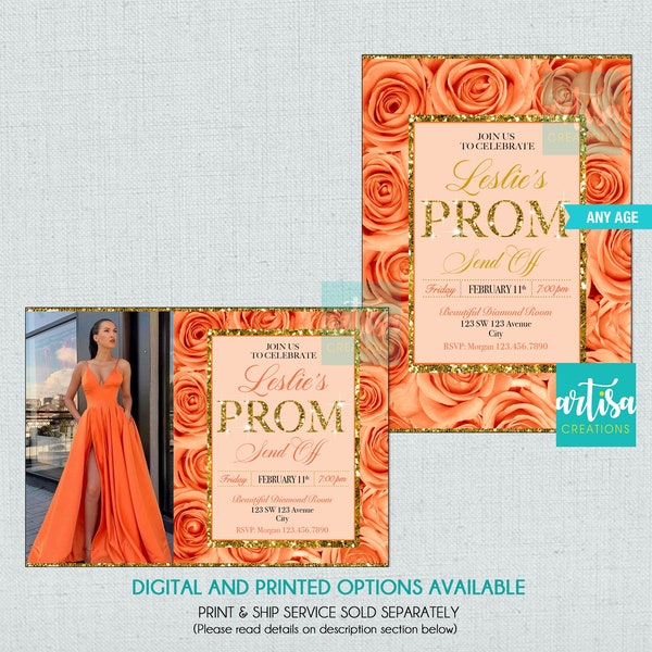 Prom Send Off Invitation, Orange Roses Prom Send Off Invitation, orange gold Prom Invites, Orange Prom Send Off Invitation, Orange rose Prom