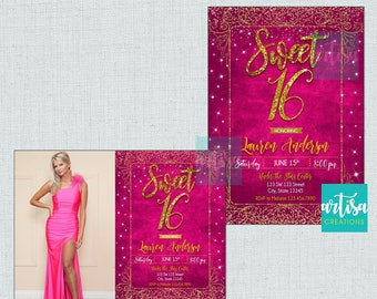 Hot pink Sweet 16 invitation, Pink Gold Sweet 16 invitation, pink gold Sweet 16 invitation, hot pink sweet 16 invitation, hot pink 16 invite