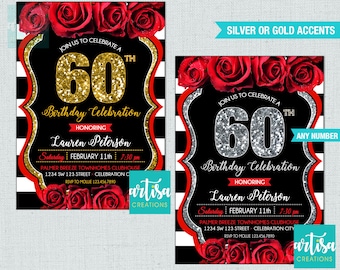 60th Birthday Invitation, Red roses 60th birthday invitation, roses 60th birthday invitation, red roses gold glitter 60th birthday invite