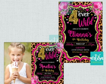 Vier ever wild uitnodiging voor meisje, 4 ever wilde verjaardag uitnodigingen, dierenprint 4e verjaardag uitnodigingen, luipaard print verjaardag uitnodiging