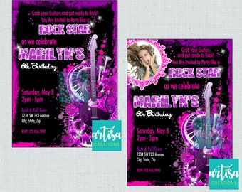 Faire-part d'anniversaire rock, faire-part d'anniversaire rock and roll, faire-part d'anniversaire guitare, faire-part d'anniversaire fille rock personnalisé