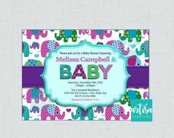 Elephant Baby Shower Invitation - Purple, Teal, Pink, blue elephants baby shower invitation - Pink, teal, purple, blue elephant invitation