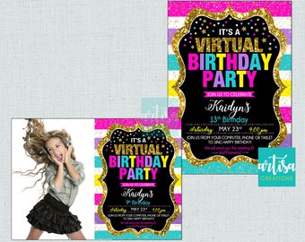 May include: A colorful invitation for a virtual birthday party with gold glitter accents. The invitation features a black background with the text "It's a Virtual Birthday Party" in pink, yellow, and blue. The invitation also includes the name "Kaidyn's" and the age "9th Birthday".