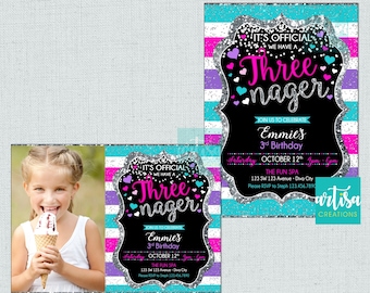 Threenager-inbjudan, Threenager-födelsedagsinbjudan, 3-årsdagsinbjudningar, threenager-födelsedagsinbjudningar, inbjudan till 3-årsfest