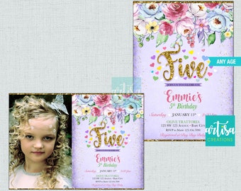 5th Birthday invitation, Colorful flowers 5th Birthday Invitation for girl, Five Birthday Invitations, Beautiful 5th Birthday Invitations