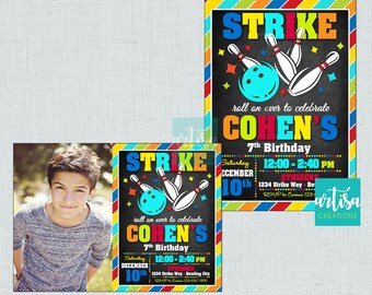 May include: A colourful bowling-themed birthday invitation featuring a photo of a boy. The invitation has a chalkboard background with the text "STRIKE" and "COHEN'S 7th Birthday". The invitation also includes the date, time, and location of the party.