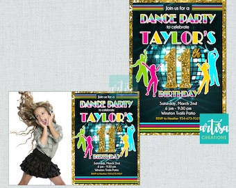 May include: A digital invitation for a dance party to celebrate a girl's 11th birthday. The invitation features a disco ball, dancers, and the text "Join us for a Dance Party to celebrate Taylor's 11th Birthday".