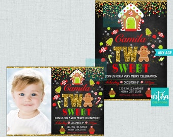 Christmas Two Sweet Invitation, Gingerbread 2nd birthday invitation, gingerbread Two Sweet birthday girl invitation, 2nd birthday invitation