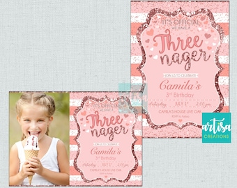 May include: Pink and white striped invitation with glitter and hearts. The invitation says "It's official we have a Three-nager" and "Join us to celebrate Camila's 3rd Birthday, Saturday, July 1st, 2:00 pm, Camila's House Live Oak, RSVP to Ayla".