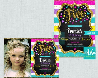 5th Birthday invitation, Colorful 5th Birthday Invitation for girl, Five Birthday Invitations, Beautiful 5th Birthday Invitations, Five