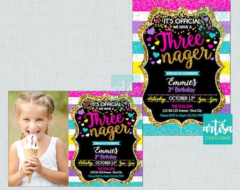 Threenager-inbjudan, Threenager-födelsedagsinbjudan, 3-årsdagsinbjudningar, threenager-födelsedagsinbjudningar, inbjudan till 3-årsfest