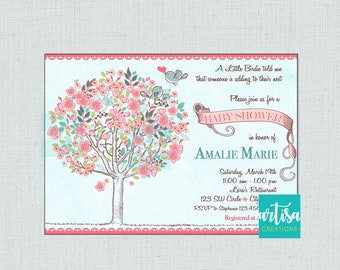 Tree Birds Baby Shower Invitation, Bloom Birds and Tree Baby Shower Invitation, Vintage Rustic Tree Baby Shower, Spring Baby Shower Invite