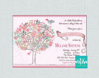 Invitación a Birds Baby Girl Shower, Invitación a Baby Shower de Birds and Tree Pink, Baby Shower rústico vintage, Baby Shower rosa de primavera