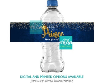Prince Baby Shower Water Labels, Prince Boy and Gold Water Labels, A little Prince is on the way water labels, Prince Water labels digital