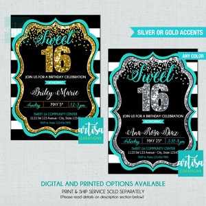 Sweet 16 invitation, black teal silver confetti sweet sixteen, black stripes teal silver glitter Sweet 16, Sweet 16 teal silver glitter