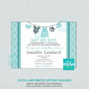 Boy Baby Shower Invitation, Baby Boy Shower Invitation, Boy Clothesline Baby Shower, Turquoise and Grey Baby Shower