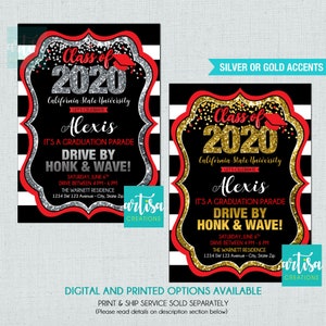 Red Graduation Parade, Drive By Graduation Invitation, Quarantine Graduation, Red Gold  and Silver Graduation Parade invite, Red Drive by