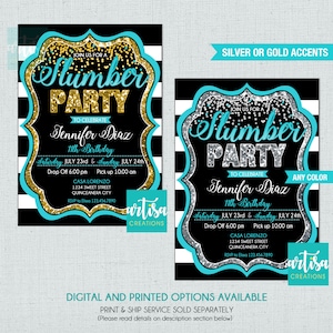 Slumber Party invitation, sleepover party invitation, slumber birthday party, sleepover birthday party invitation, teal sleepover invitation