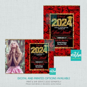 Red roses graduation invitation, Class 2023 invitation, red rose graduation invite, red silver black graduation, red roses gold graduation