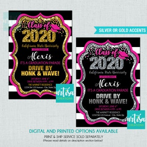 Hot Pink Graduation Parade, Drive By Graduation Invitation, Quarantine Graduation, Hot Pink Gold and Silver Graduation Parade invitation