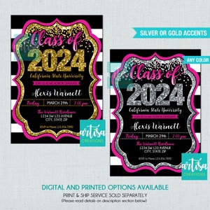 Hot Pink Graduation Invitation, Hot Pink Gold Graduation Invitation, Hot Pink  Silver Graduation Invitation, Hot Pink Class of 2024 Invite
