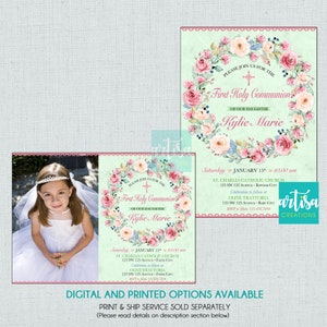 Invitation de première communion de fille, invitation de première communion de fleurs, belle invitation de première communion, invitation de première communion de fleur
