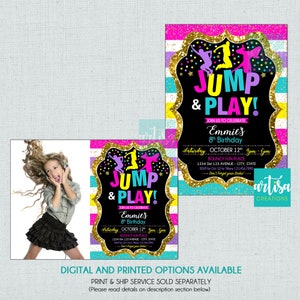 Op de afbeelding: Een kleurrijke uitnodiging voor een 8e verjaardagsfeest met een zwarte achtergrond en gouden glitteraccenten. De uitnodiging bevat de tekst "Jump & Play!" en een silhouet van een springende persoon. De uitnodiging bevat ook de naam van de jarige, Emmie, en de datum en tijd van het feest.