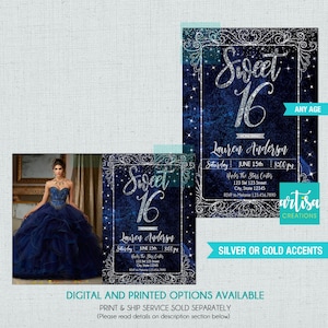 Night under the stars sweet 16 invitation, night under the stars quinceanera invitation, starry night teen birthday invitation, navy silver