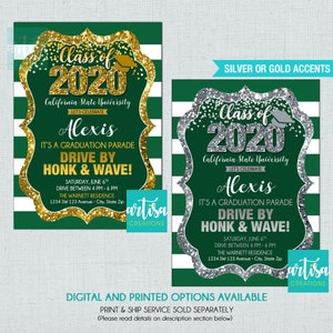 Green Graduation Parade, Drive By Graduation Invitation, Quarantine Graduation, Green Gold and Silver Graduation Parade invitation, Grad Par