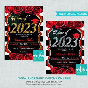 Red roses graduation invitation, Class 2023 invitation, red rose graduation invite, red silver black graduation, red roses gold graduation