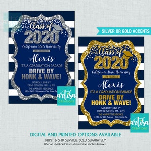 Blue Graduation Parade, Drive By Graduation Invitation, Quarantine Graduation, Blue Gold  and Silver Graduation Parade invitation, Drive by